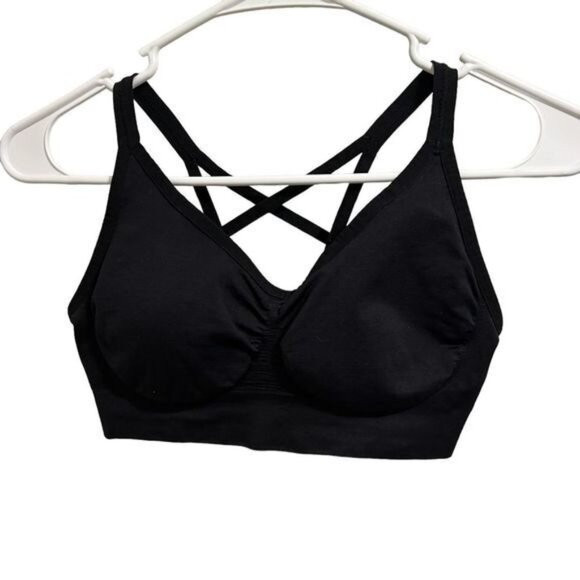 Akamc Black Strappy Sports Bra Small Criss Cross Back Padded Activewear - Picture 2 of 6